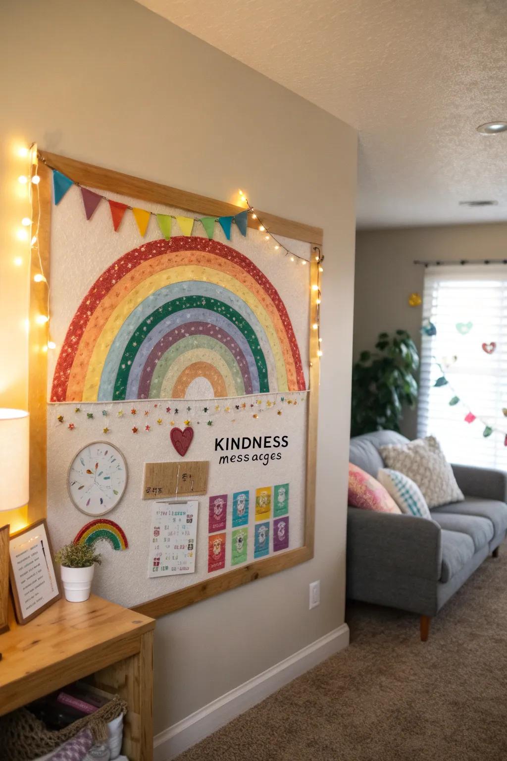 A joyful rainbow-themed kindness bulletin board livens up a living space, spreading happiness and good vibes.