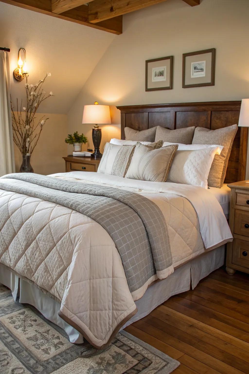 Layered bedding brings depth through textures and ensures warmth on this king-sized bed.