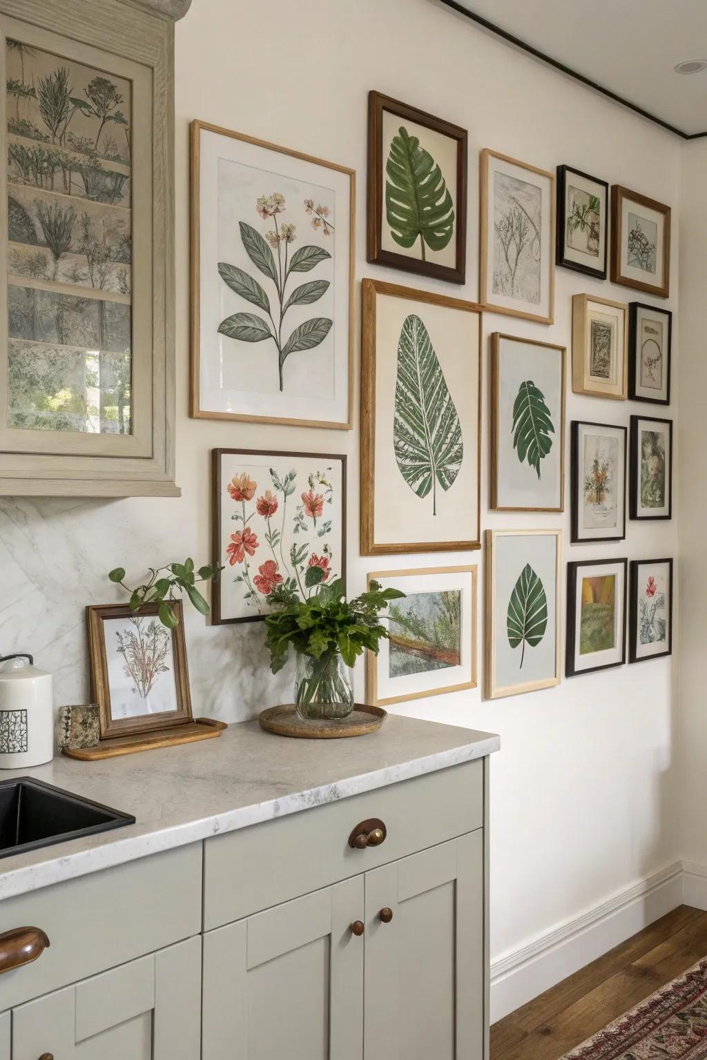 A gallery wall infuses character and allure into any kitchen setting.