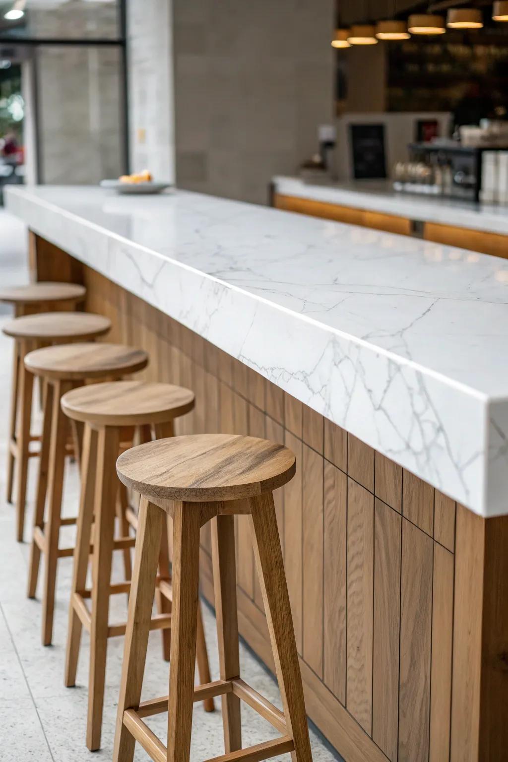 A minimalist kitchen bar featuring crisp lines and a stone surface.