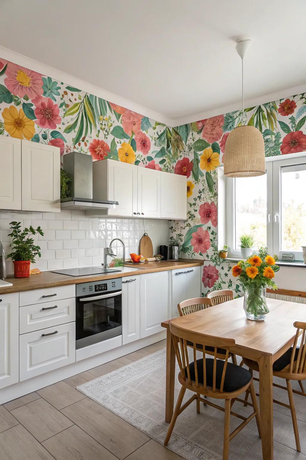 Blossom wallpaper borders offer an energetic, nature-inspired feel to your kitchen.