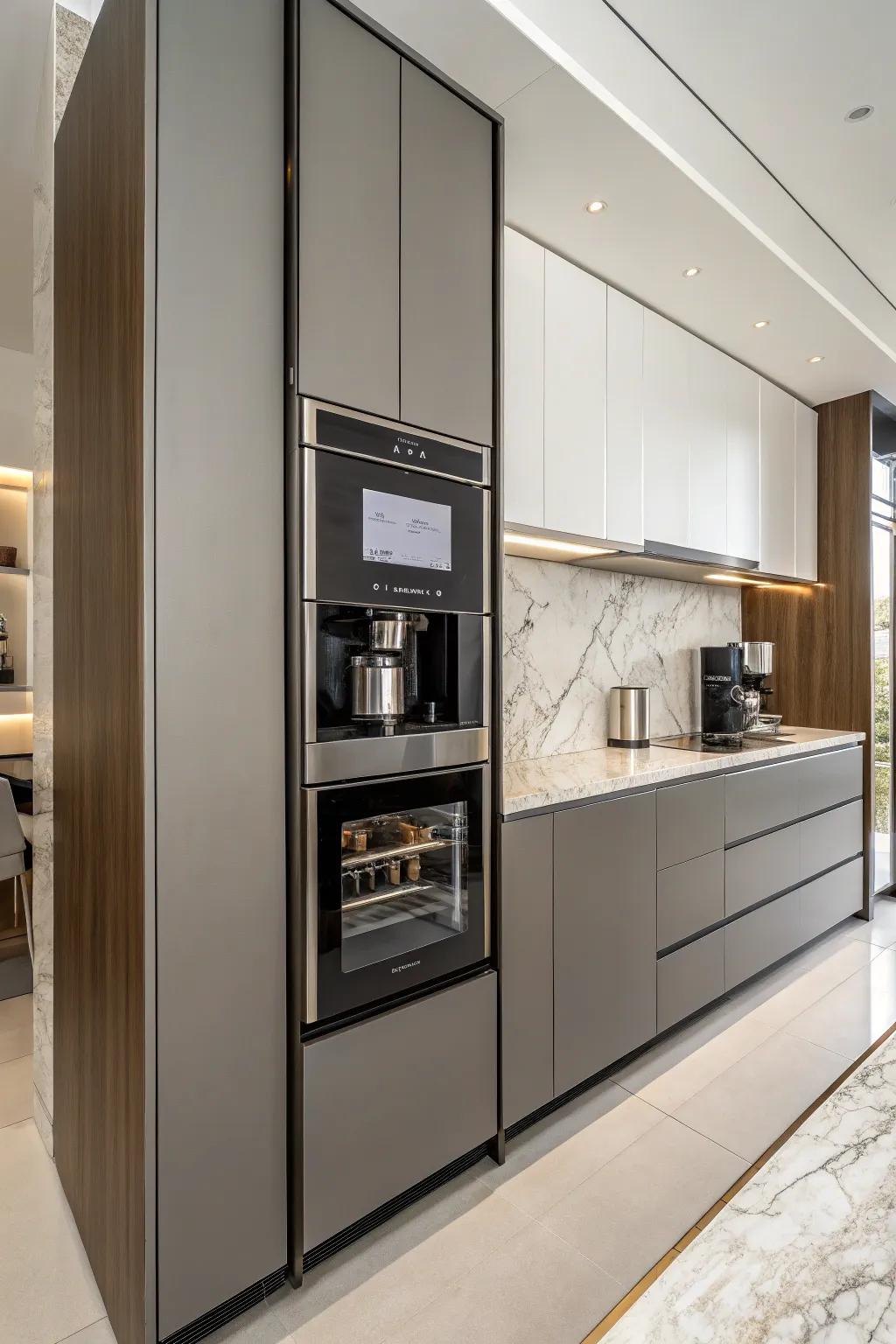 An integrated coffee appliance neatly placed within contemporary kitchen storage.