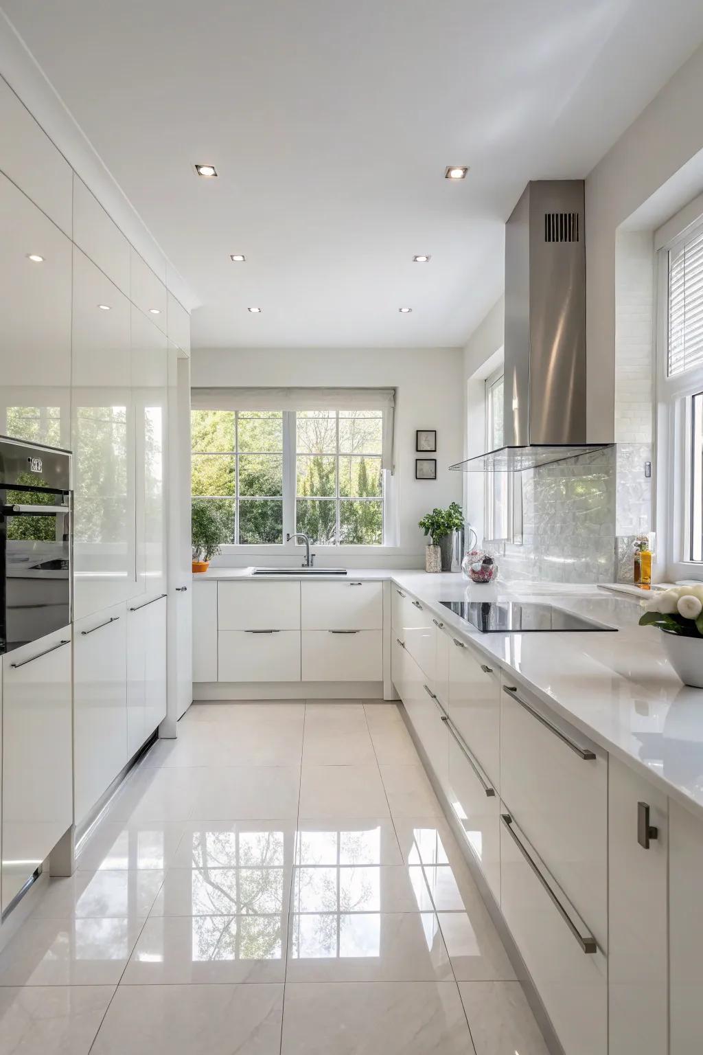 A fully white kitchen provides a classic and elegant aesthetic.