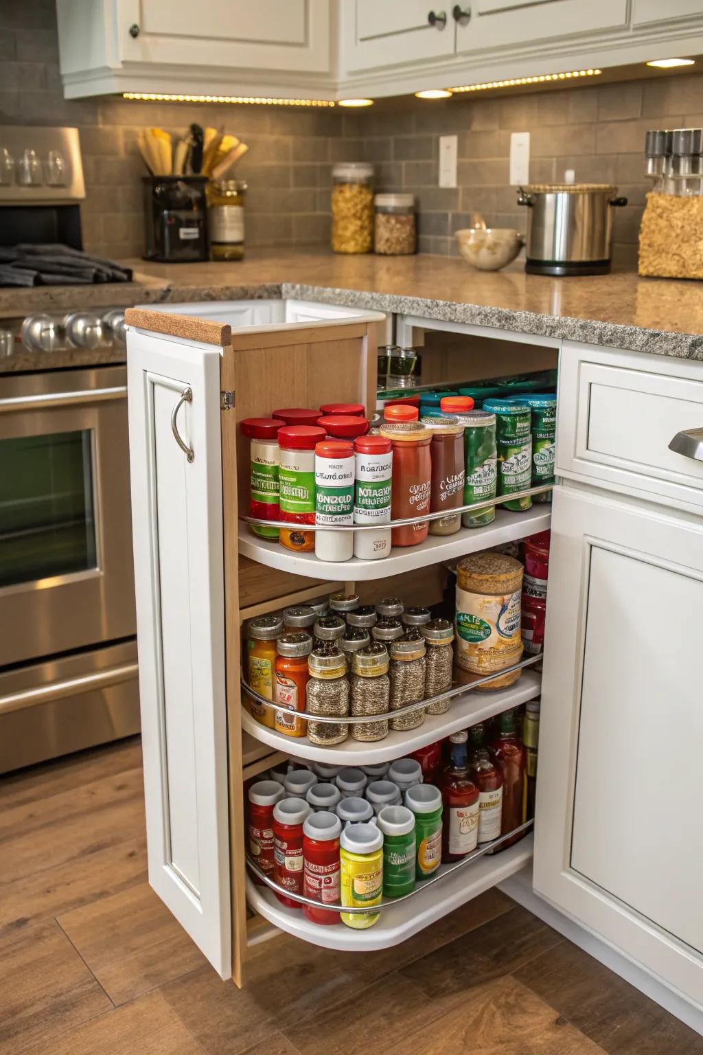 A Rotating Tray maximizes every available inch in a corner cabinet.