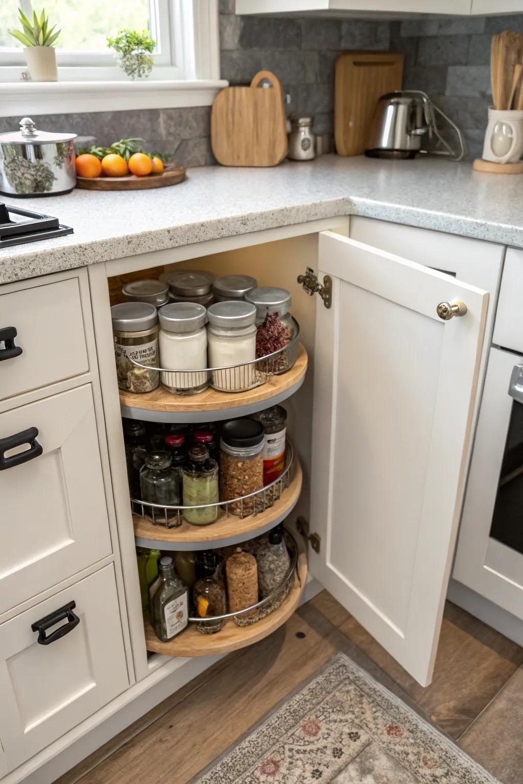 A swivel shelf optimizes storage and ease of access in corner cabinets.
