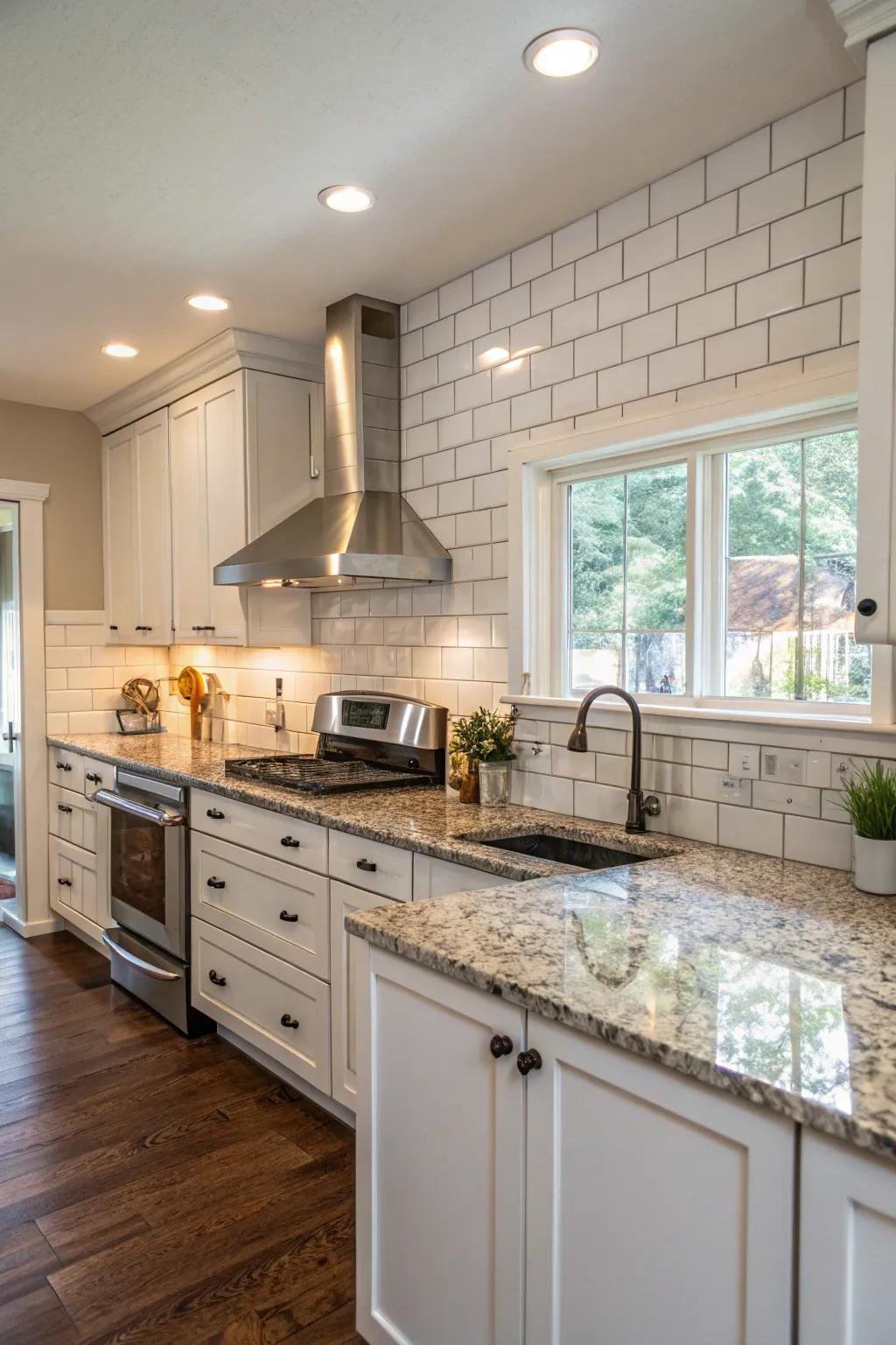 Classic kitchen featuring granite countertops and subway tiles.