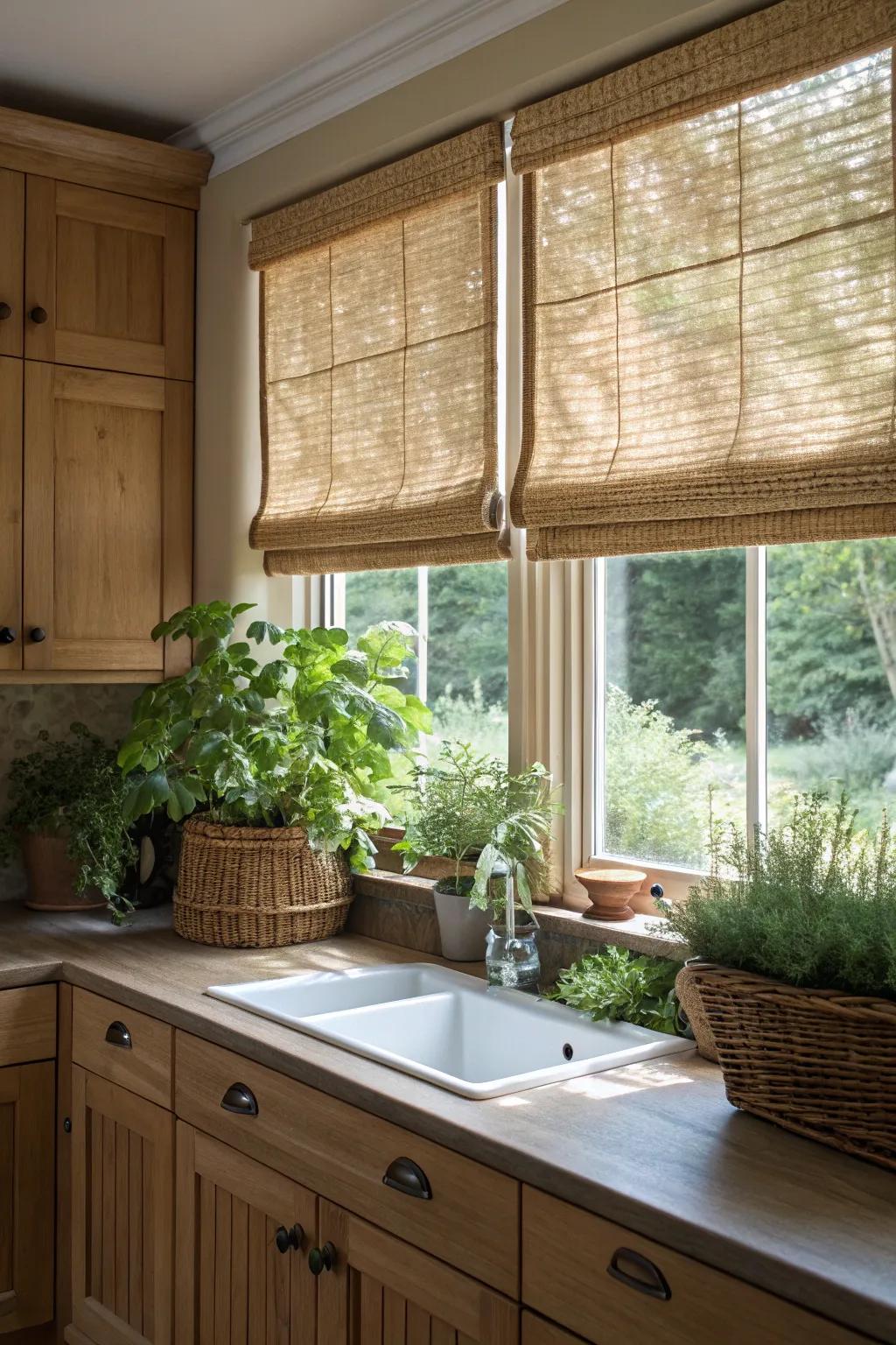 Natural fiber Roman window coverings introduce an organic touch to your kitchen's interior.