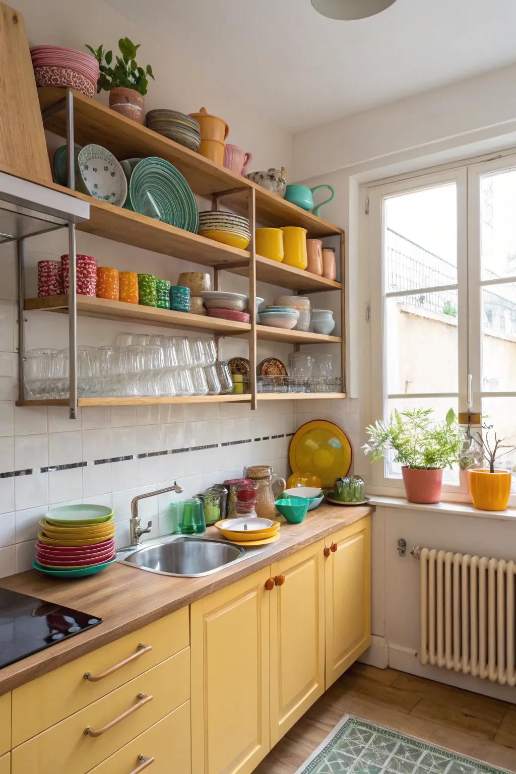 Small kitchens gain utility and style from open shelving.