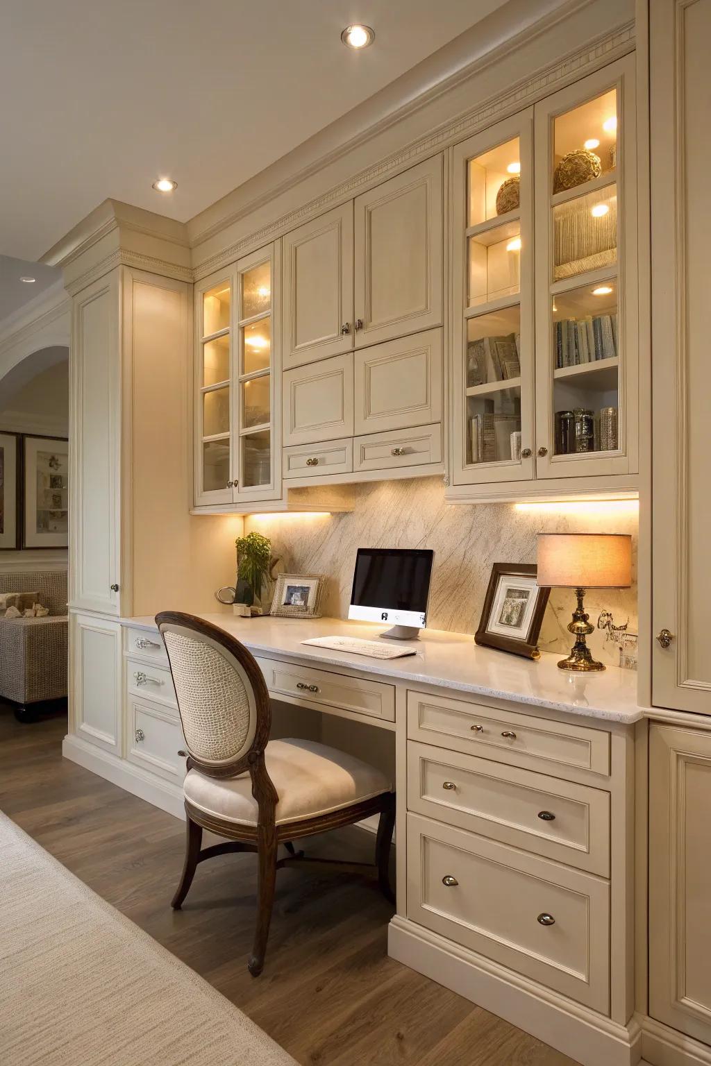 A kitchen desk flawlessly incorporated within the cabinetry for a unified, harmonious appearance.
