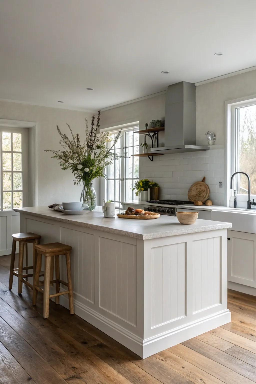A timeless white kitchen island radiates refinement and simplicity within a cozy kitchen environment.