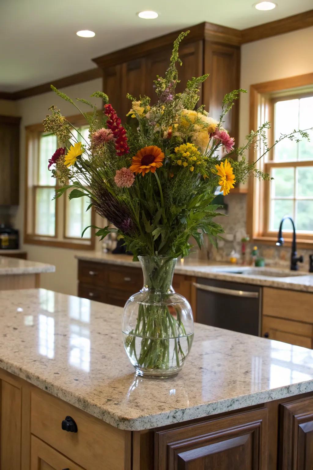 A focal display of fresh flowers breathes life and vibrancy into the kitchen.