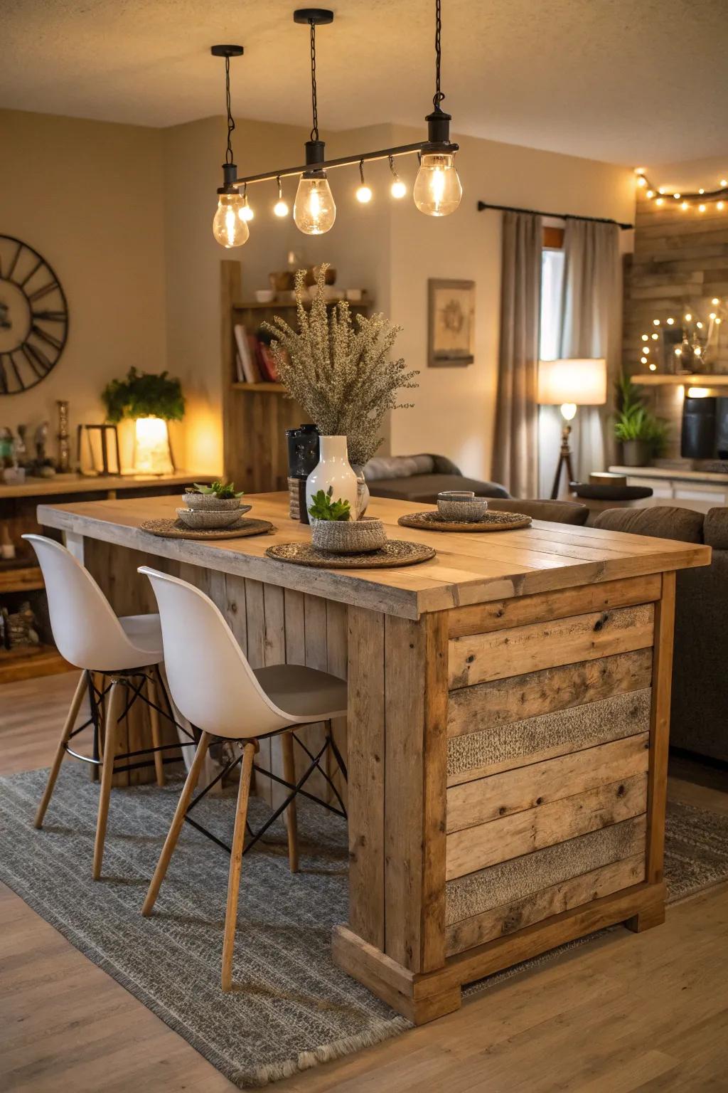 This kitchen island eating space perfectly blends rustic and contemporary design elements.