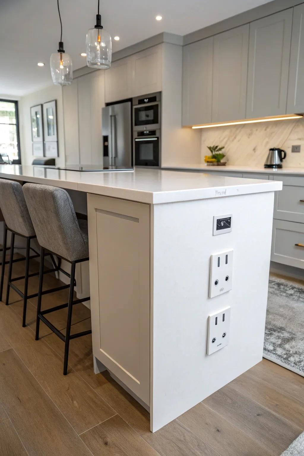 Concealed outlets maintain the sleek lines of a contemporary kitchen.