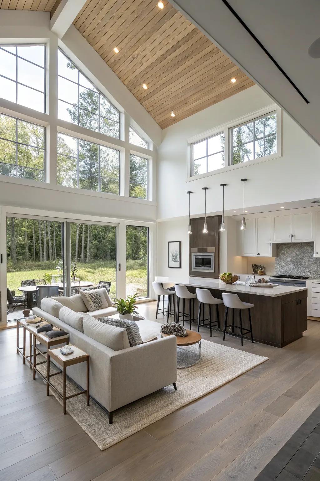 A fluid connection between kitchen and living area creates a smooth transition.