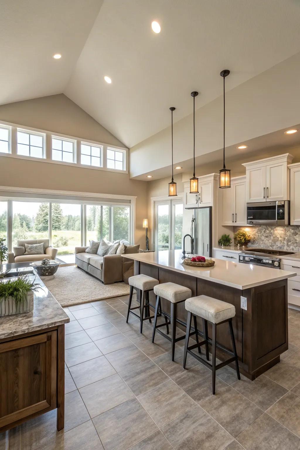 A kitchen featuring an open design that connects smoothly with the living area.