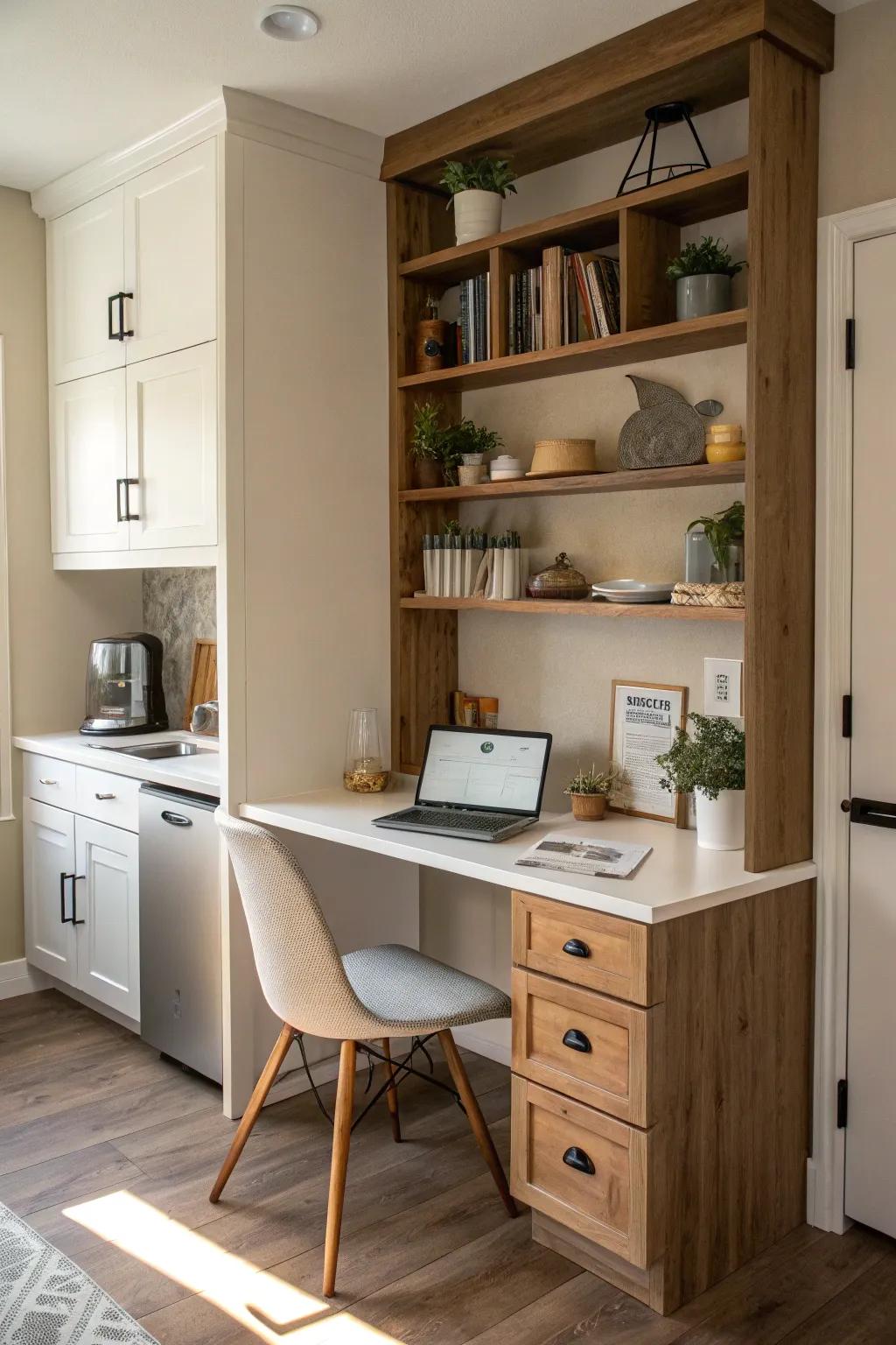 A comfortable central hub setup in the kitchen corner.