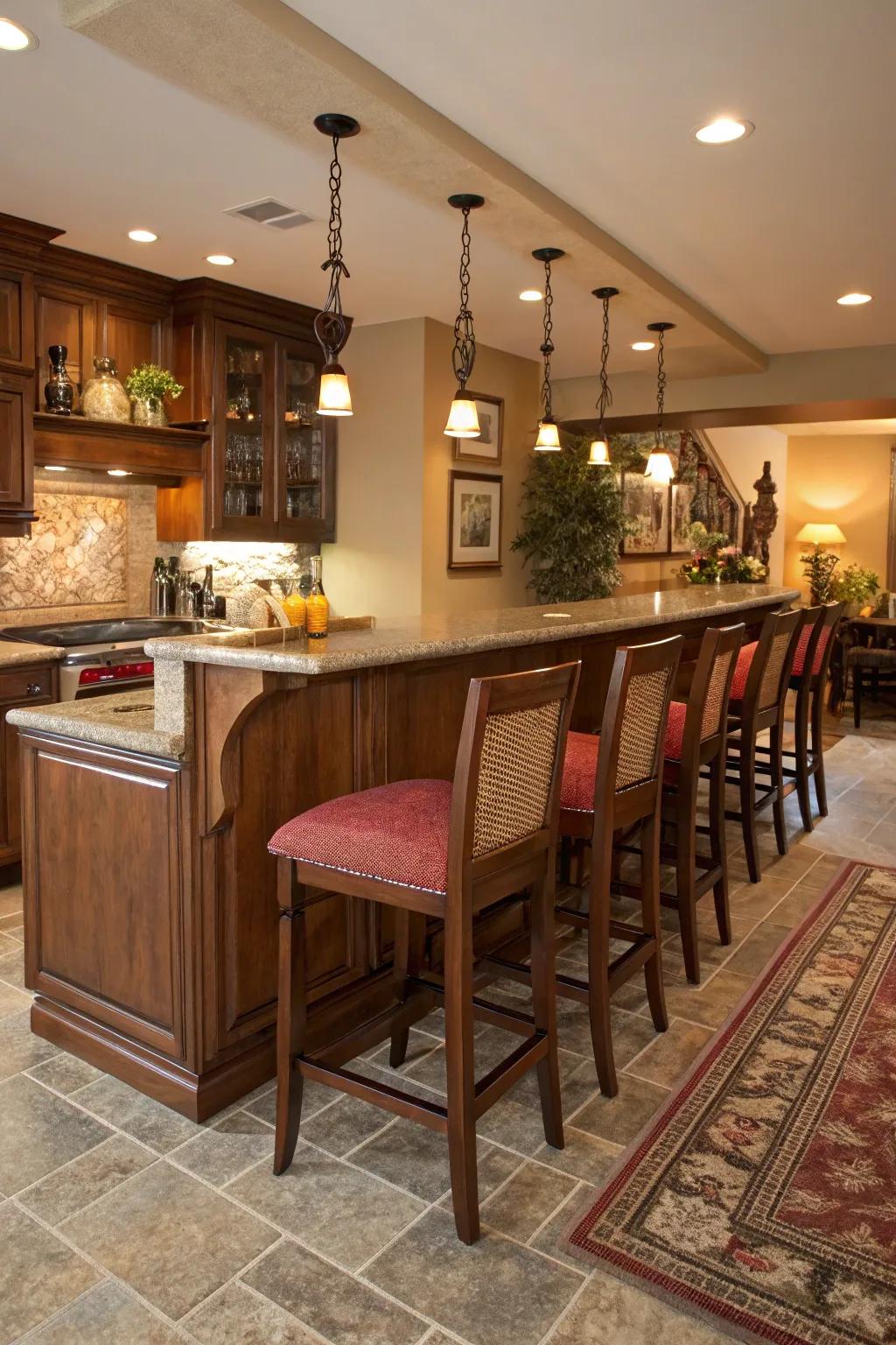 A kitchen peninsula with built-in seating, creating a welcoming ambiance.