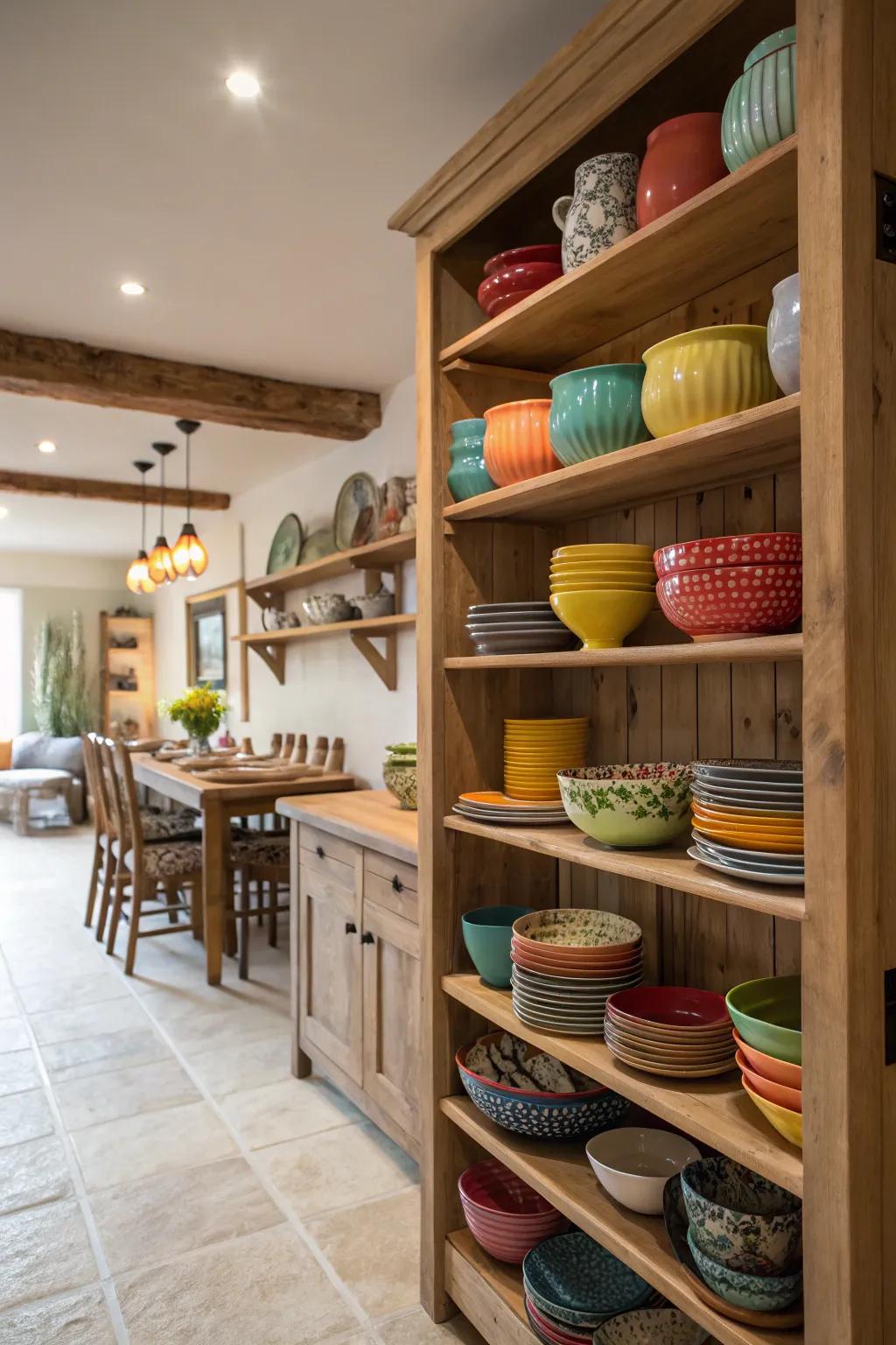 Open shelving offers convenient access and a display for your favorite kitchenware.