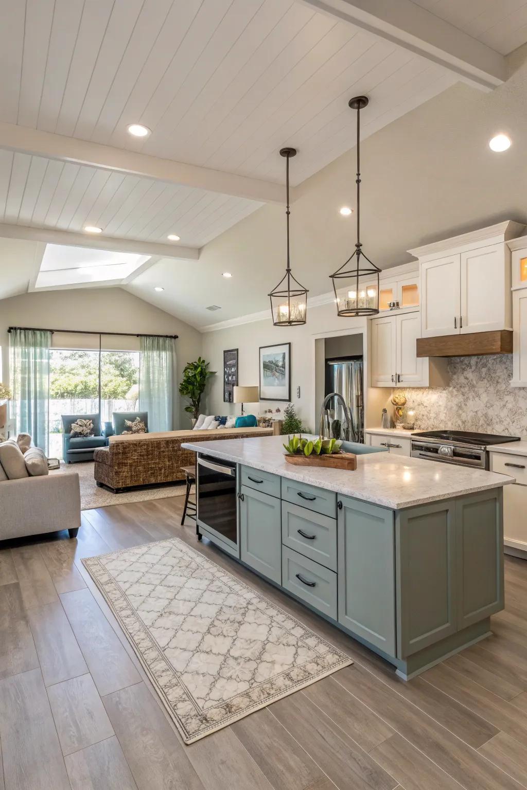 An open-plan kitchen design encourages connection and a welcoming ambiance.