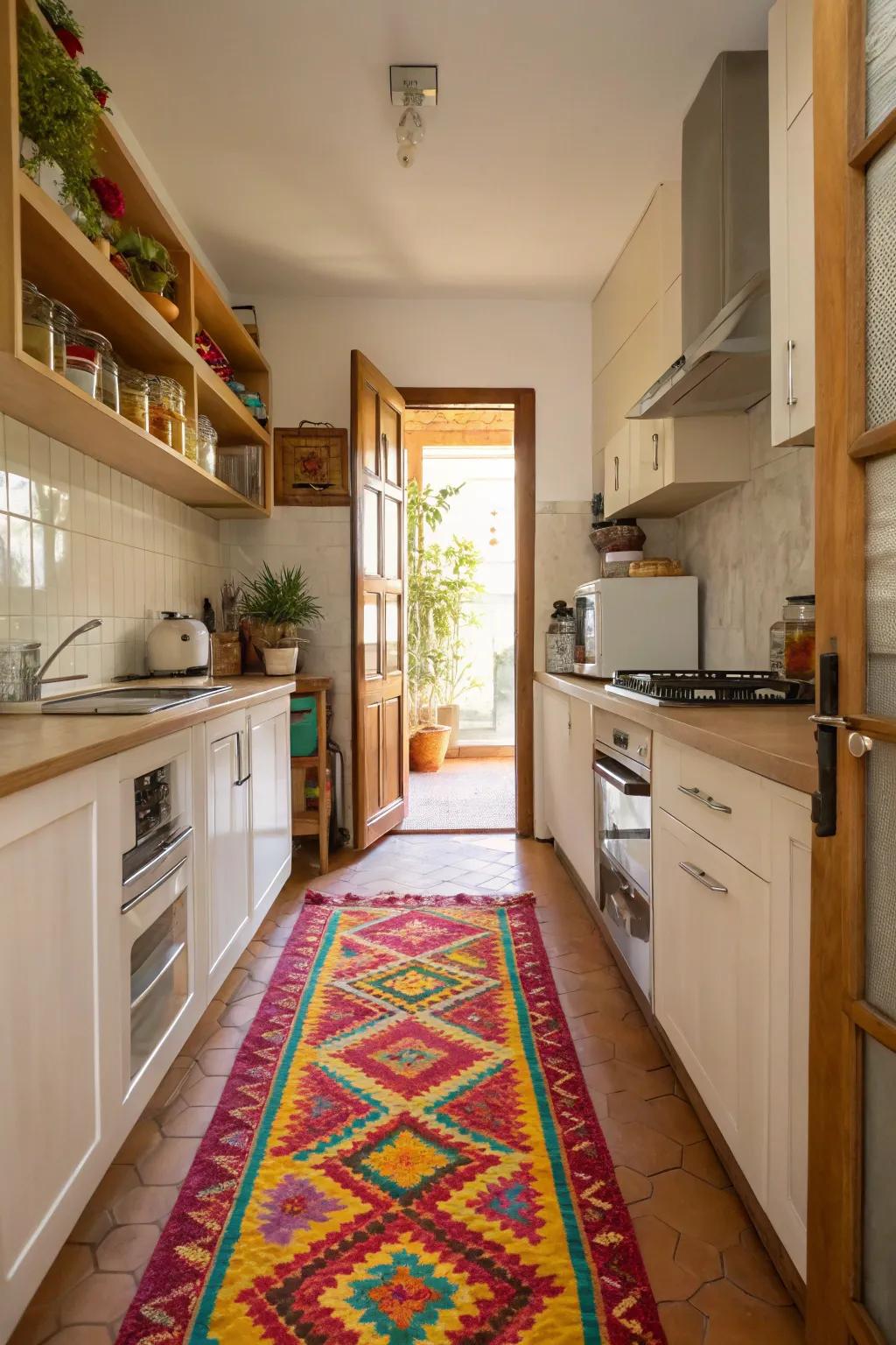 A bright hallway rug can breathe vibrancy into a confined kitchen space.