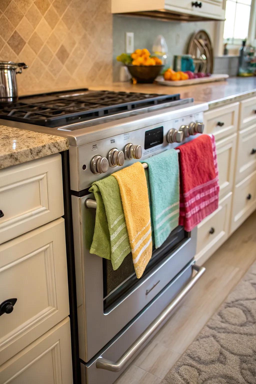 Easily decorate by hanging towels over oven handles.