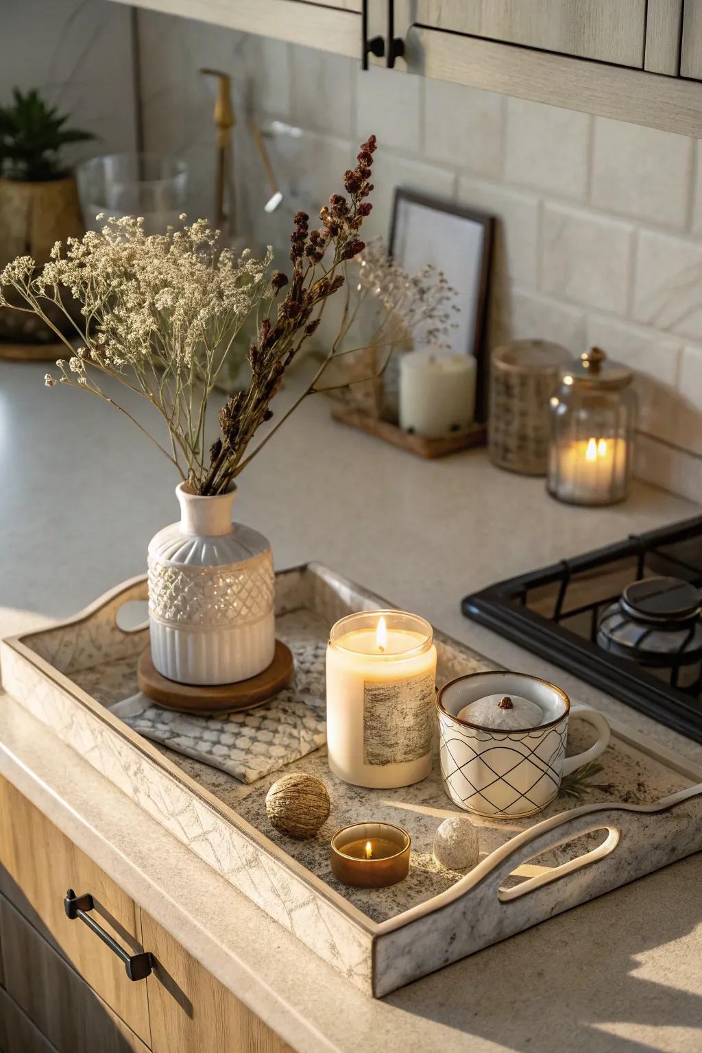 Organize your kitchen counter decor neatly with a tray.