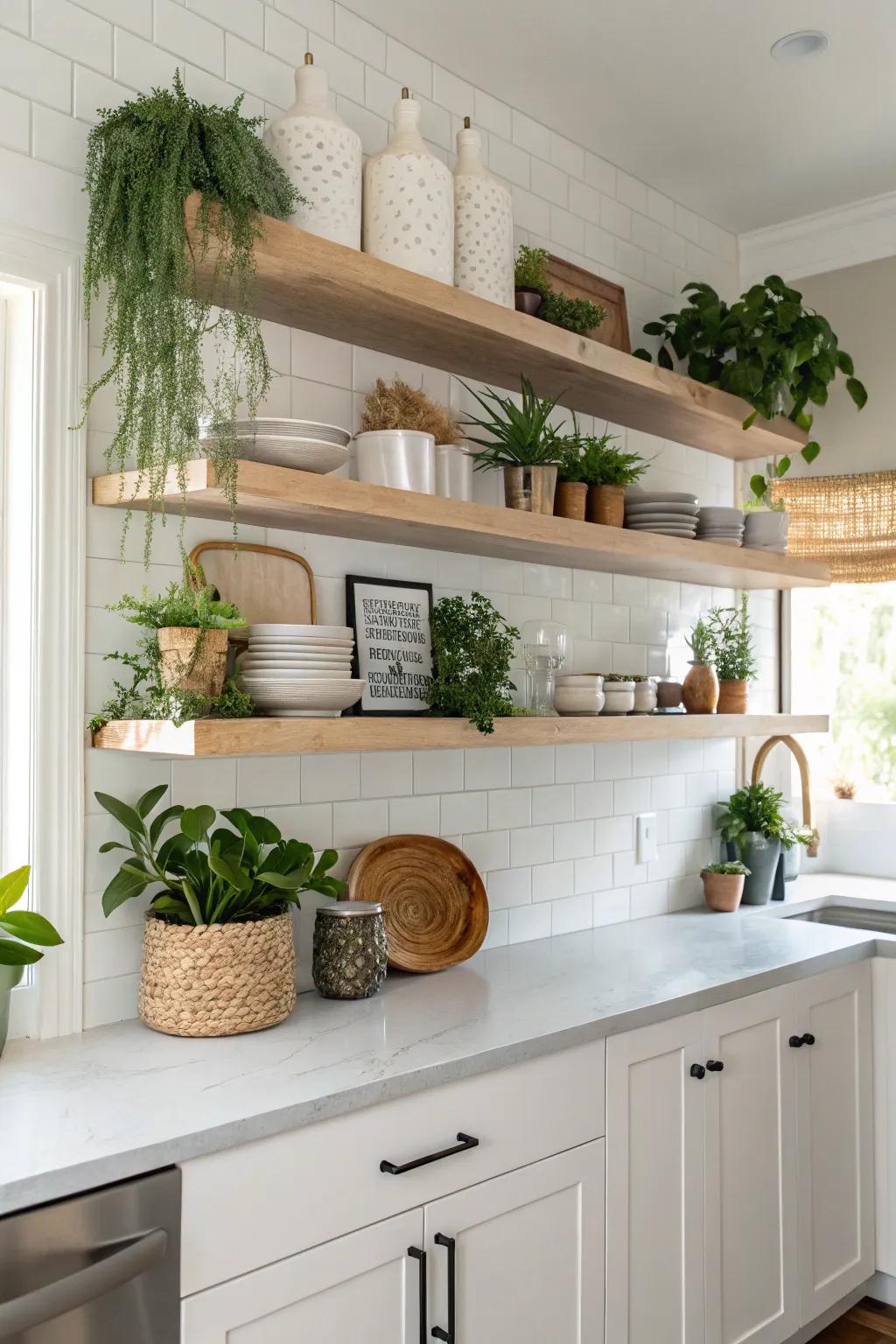 Wall-mounted shelves in a contemporary kitchen, displaying plants and decor with elegance.