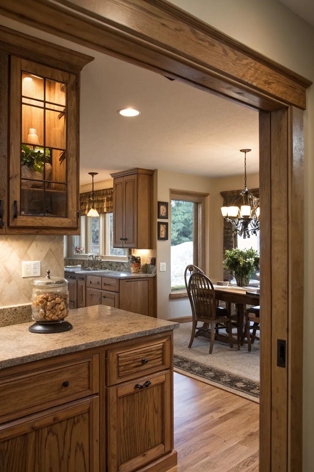 A pass-through window blends the kitchen with the dining room, enhancing connectivity.