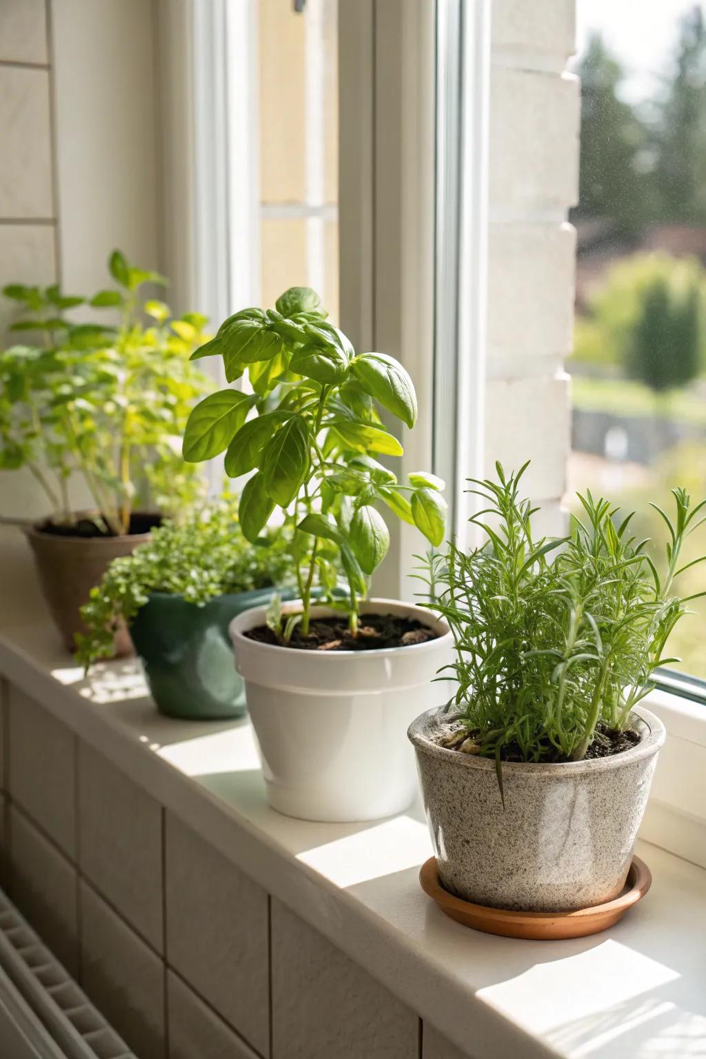 Fresh herbs introduce both aesthetic appeal and practicality to your window sill.