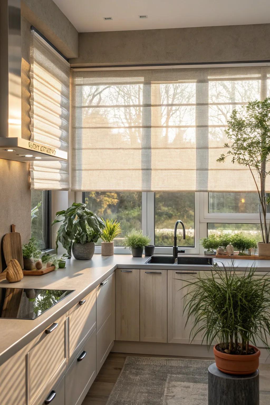 Light and airy blinds create a serene and private kitchen environment.