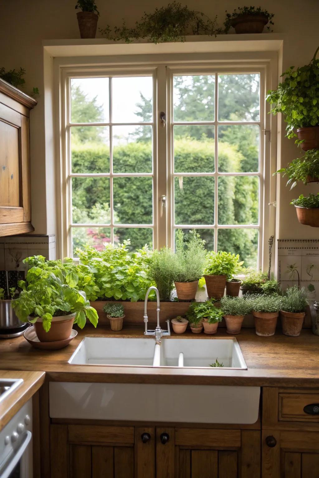 A kitchen botanical window is overflowing with garden-fresh herbs.