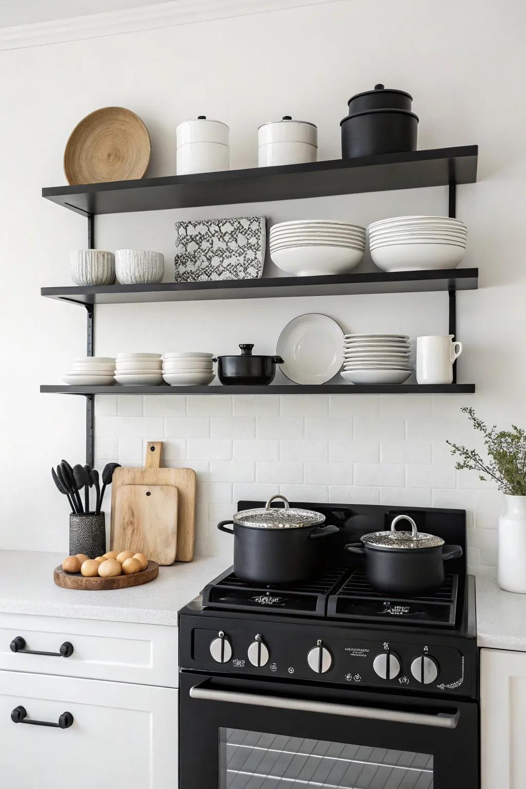 Matching shelves mix effortlessly, producing a balanced kitchen atmosphere.