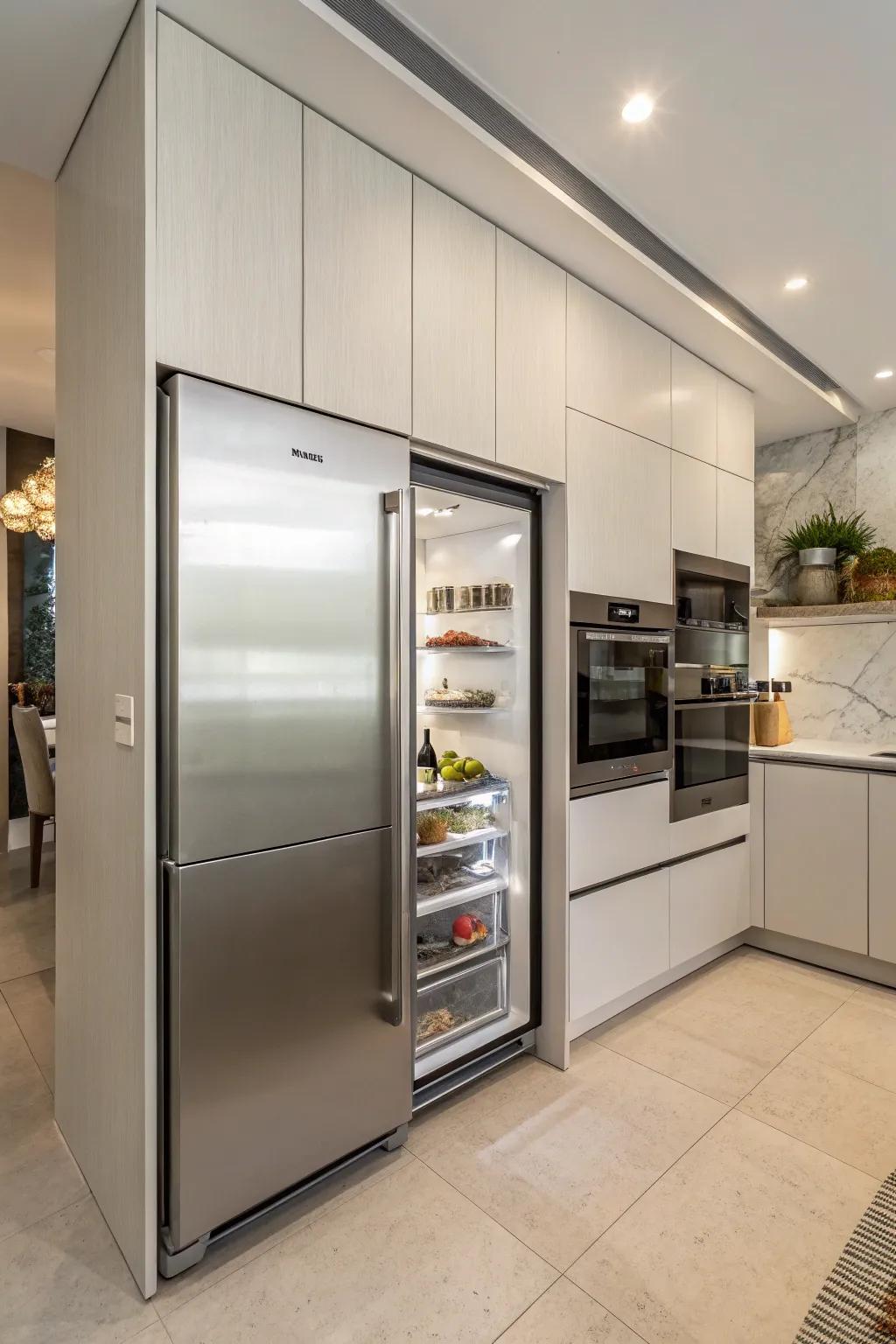 A refrigerator integrated smoothly into the kitchen cabinetry for a consistent design.