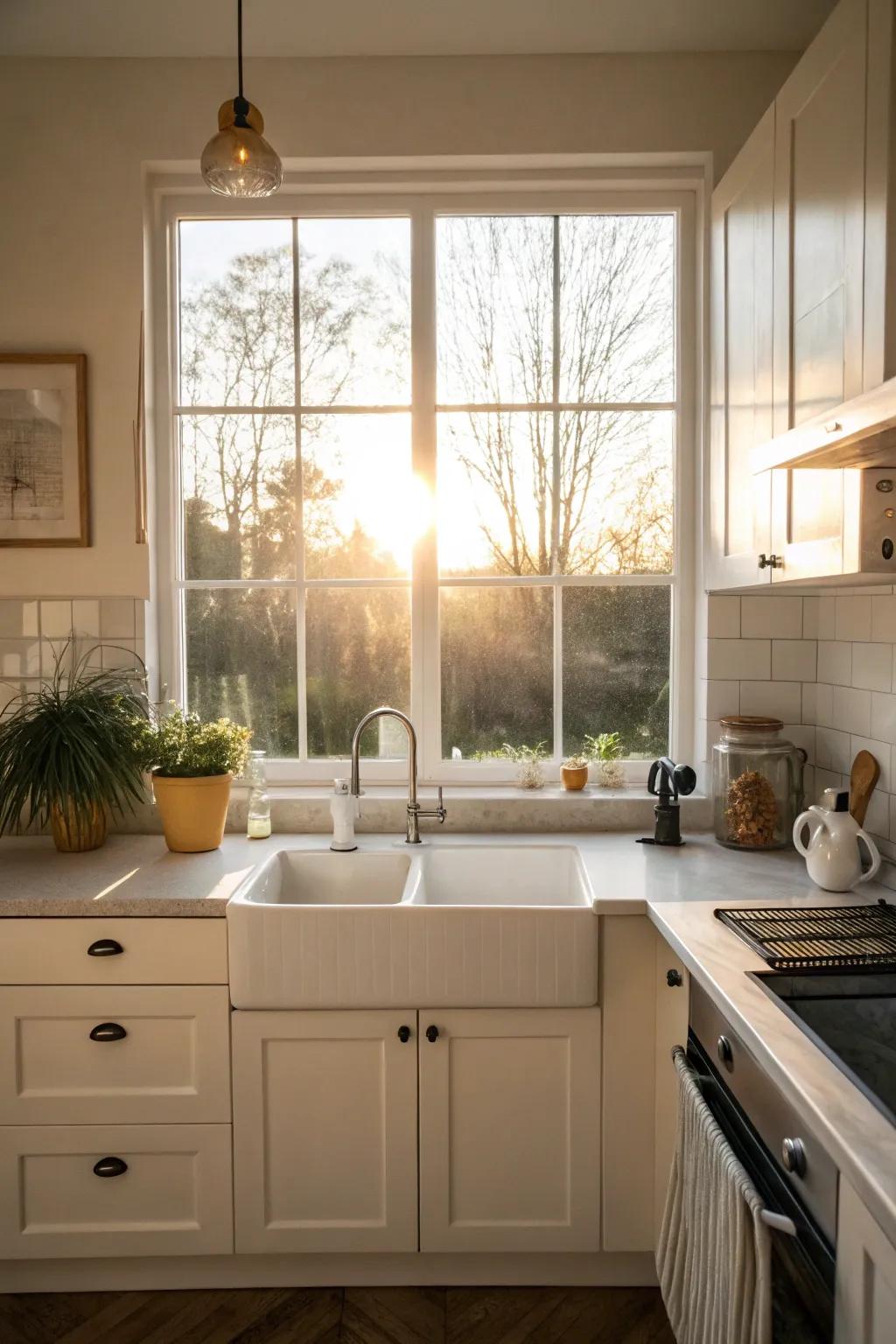 Sunlight enhancing the kitchen's ambiance.