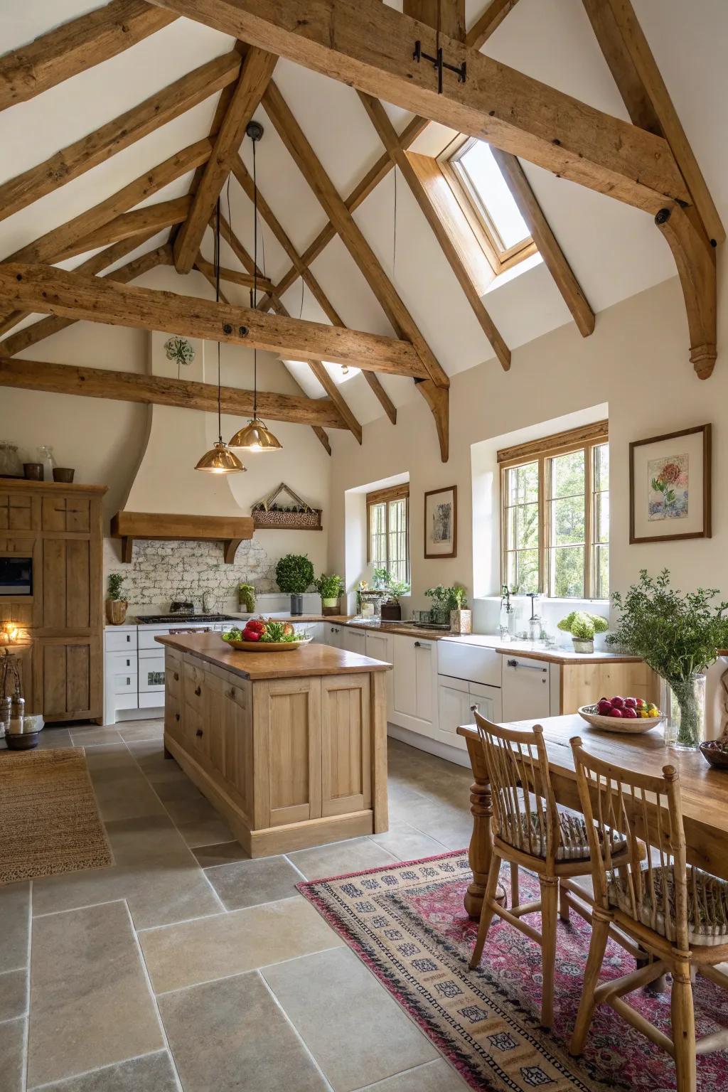 Raw wooden supports contribute country charm to this kitchen featuring a vaulted ceiling.