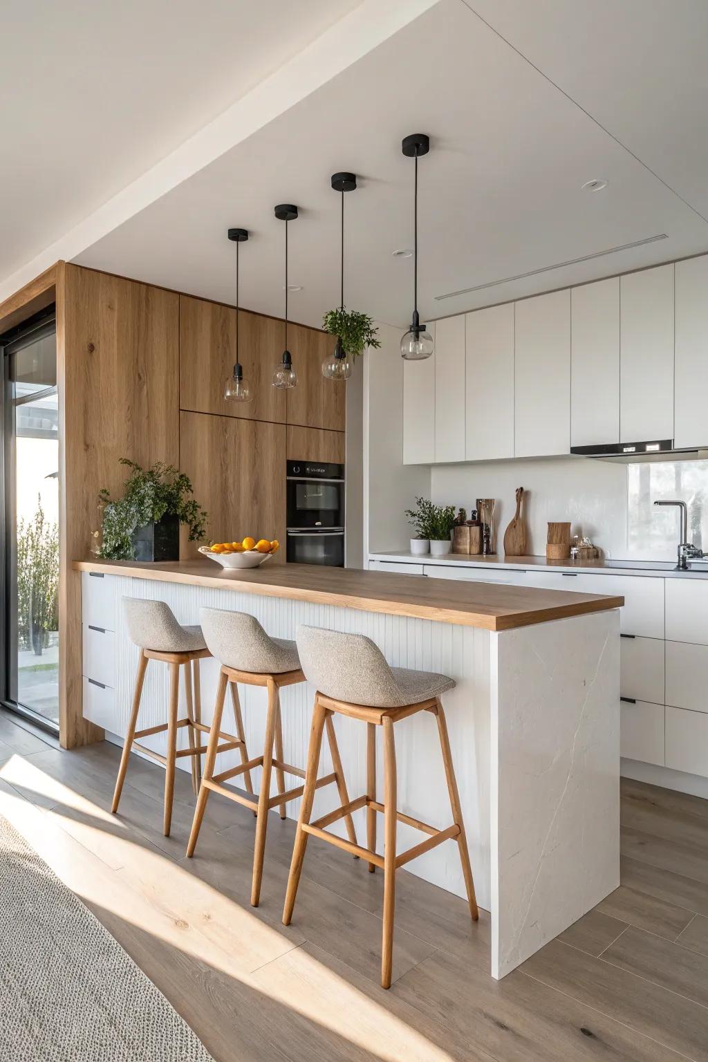 A minimalist breakfast bar featuring sleek, white cabinets and natural wood details.