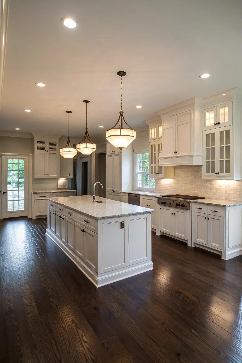 This kitchen features dark wood floors paired with white cabinets for a visually striking effect.