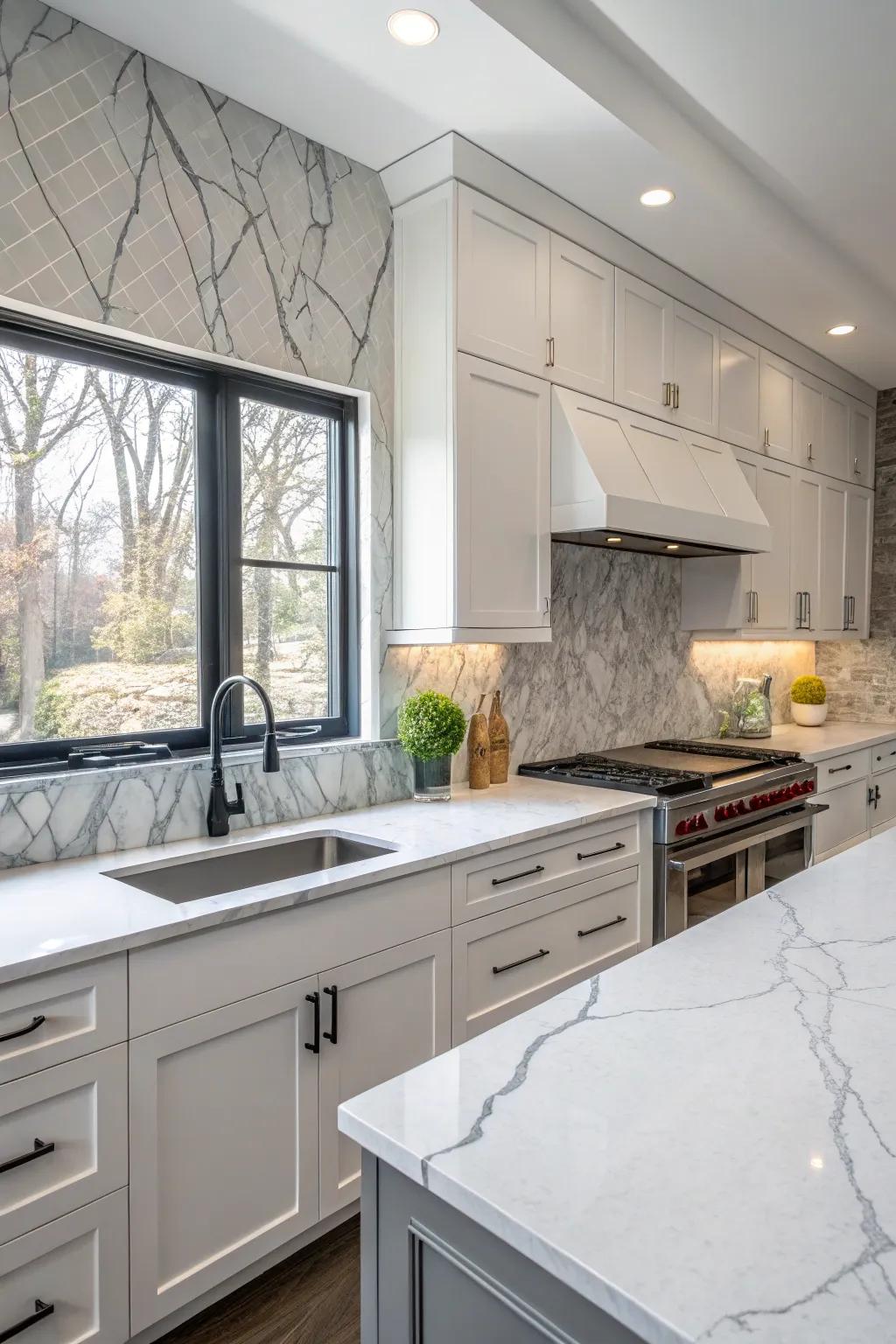 Classic white quartz worktops accented with subtle gray marbling.