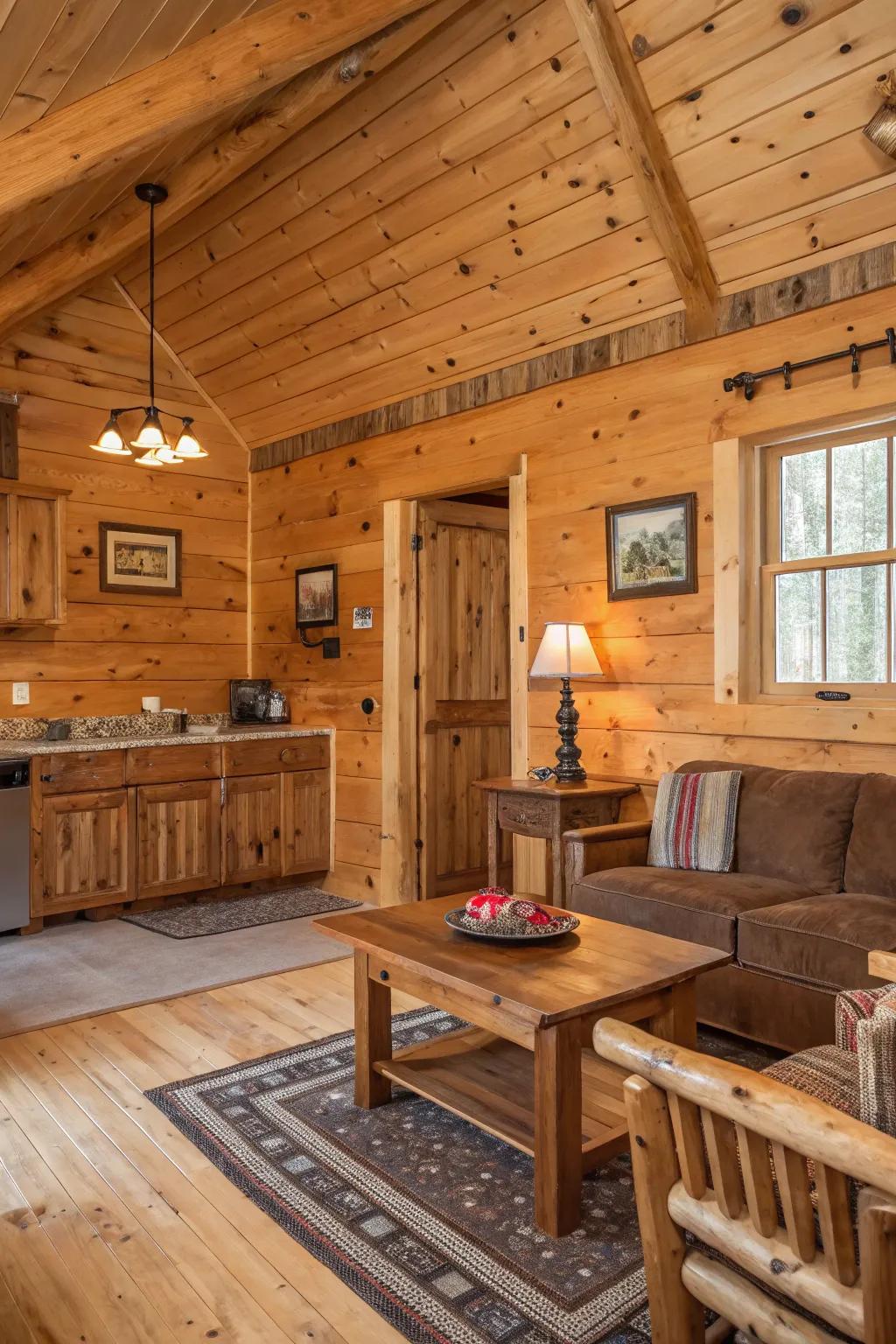Untreated pine walls displaying nature's beauty and patterns.