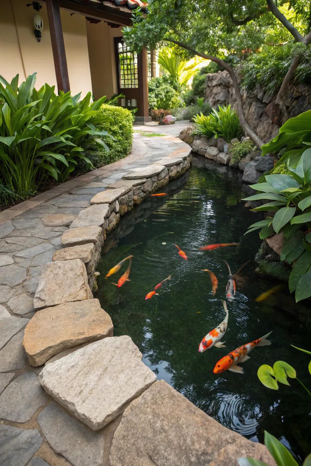 Natural stones lend an unrefined element to this koi pond.