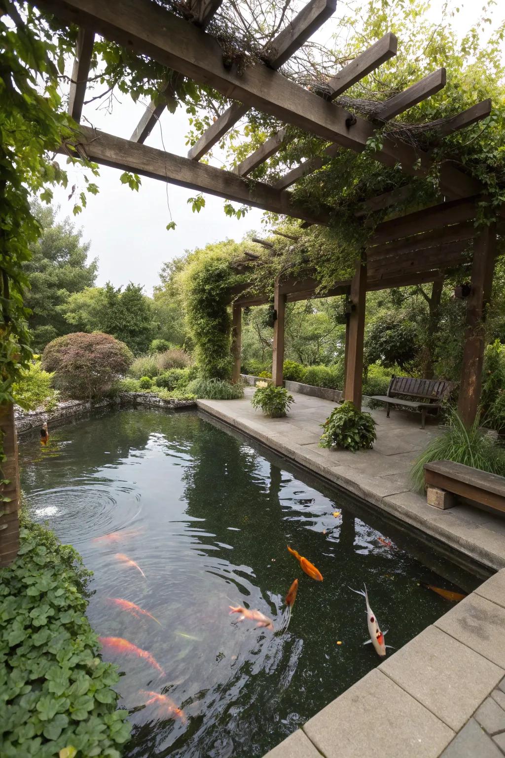 A timber pergola adorned with climbing plants, casting shade over a koi pond.