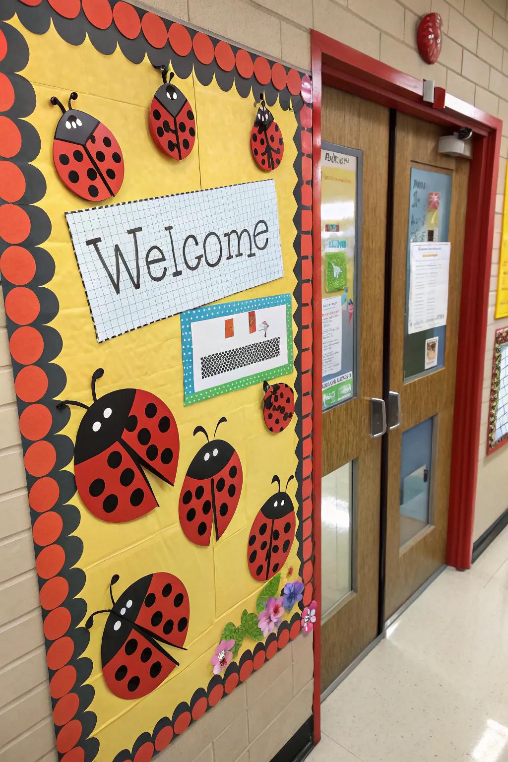 A welcoming ladybug-themed bulletin board perfect for greeting students.