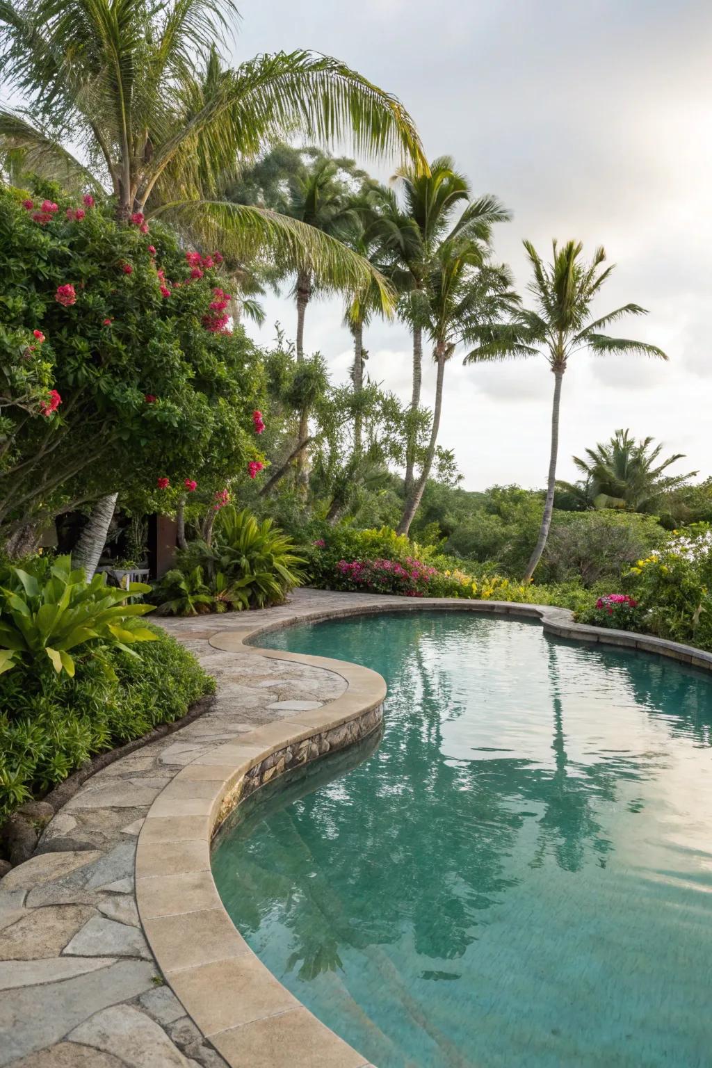 A lagoon pool with irregular shapes forms a natural look.