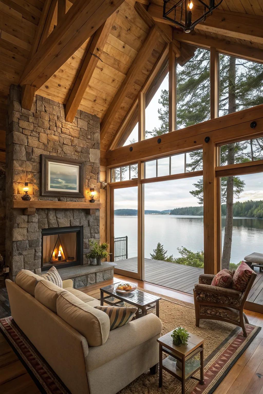 Natural components cultivate a toasty and amiable atmosphere in a lakeside cabin.