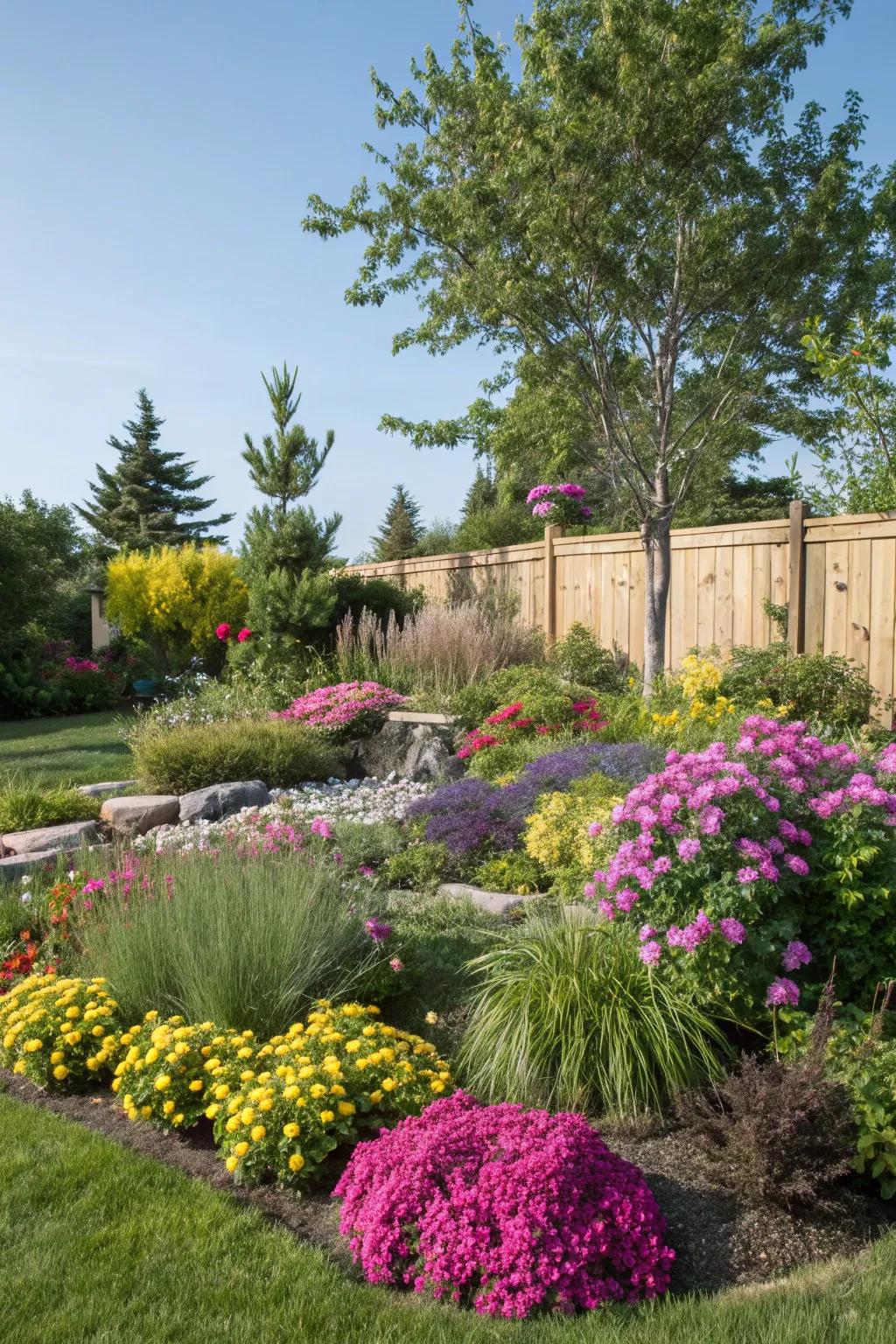 A vibrant, colorful display of life using diverse plant selections for a landscape island.