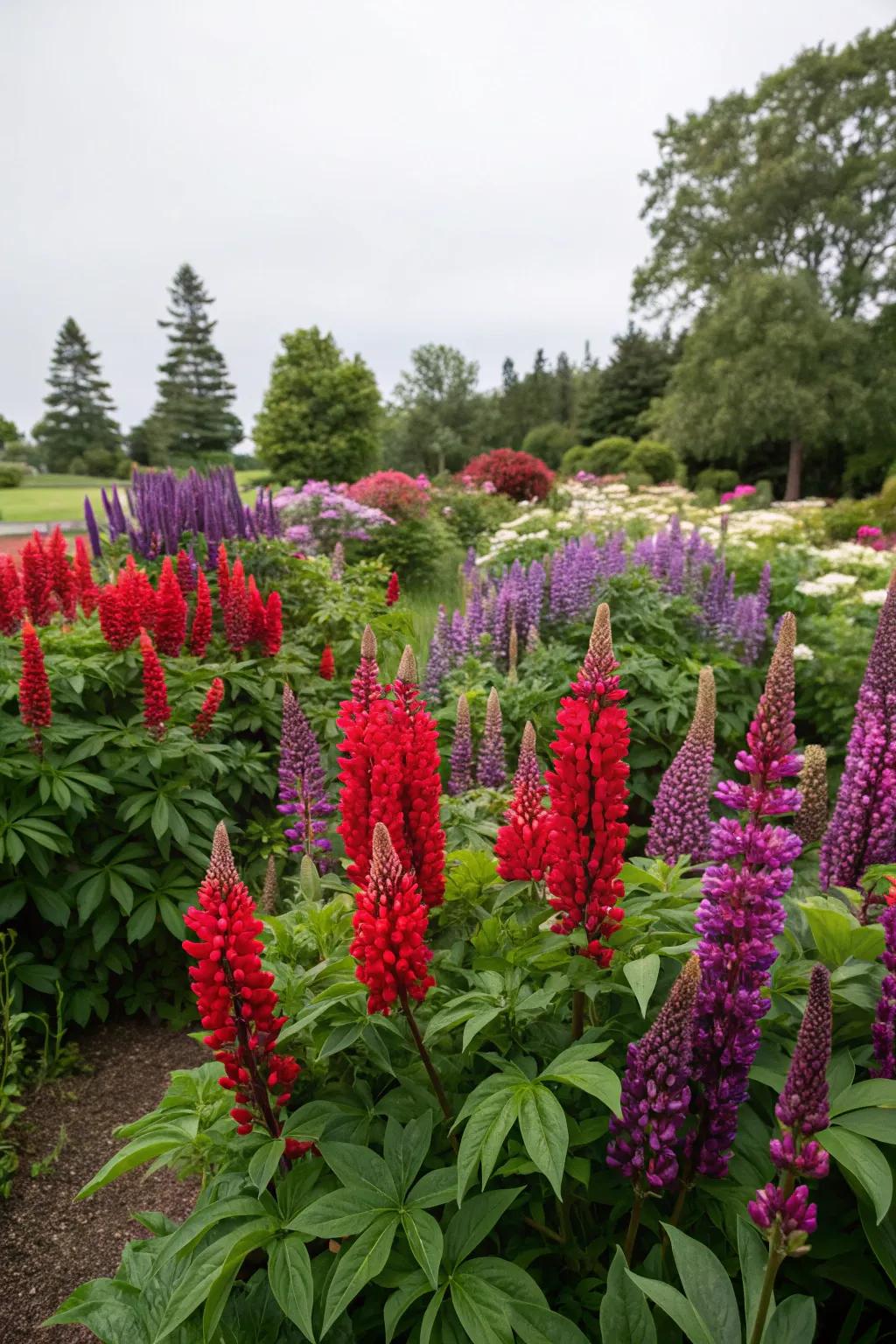 A striking garden bed featuring vibrant red and purple flowers.