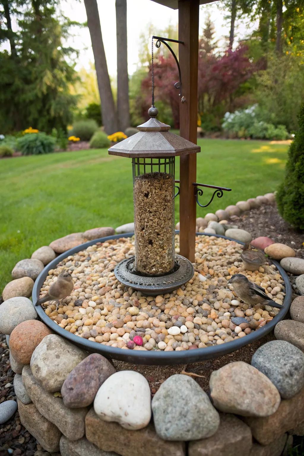 A stone perimeter provides structure and refinement to your bird feeder arrangement.