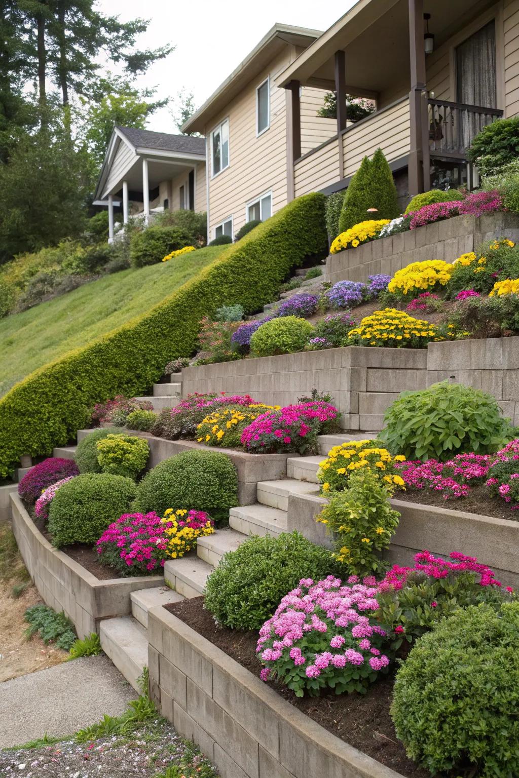 Terraced garden beds convert slopes into practical and stunning planting zones.