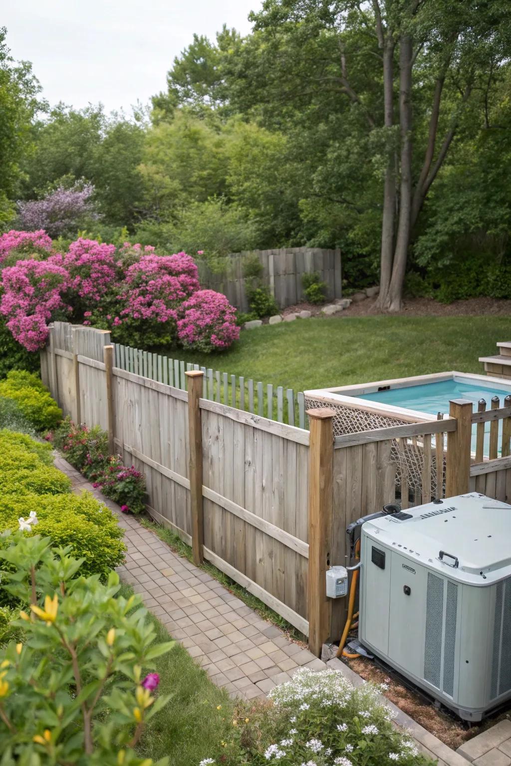 A wood fence effortlessly hides pool equipment, maintaining the visual appeal of your backyard.