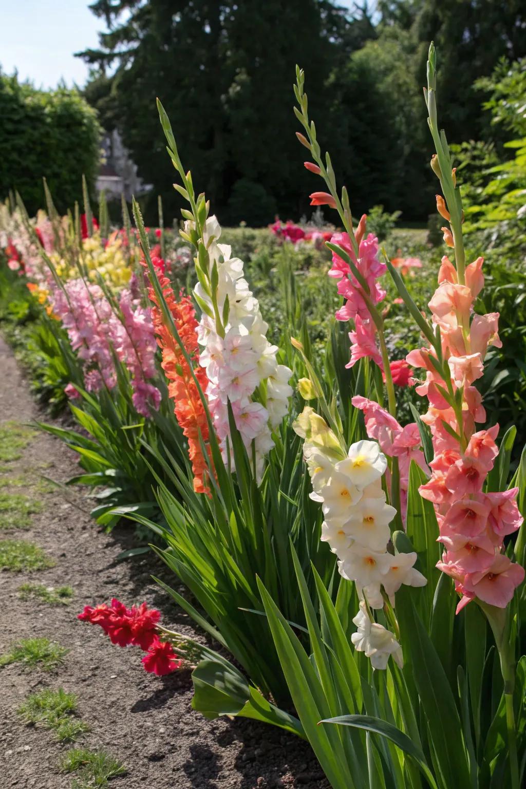 A symphony of gladiolus hues makes for an unforgettable garden exhibit.